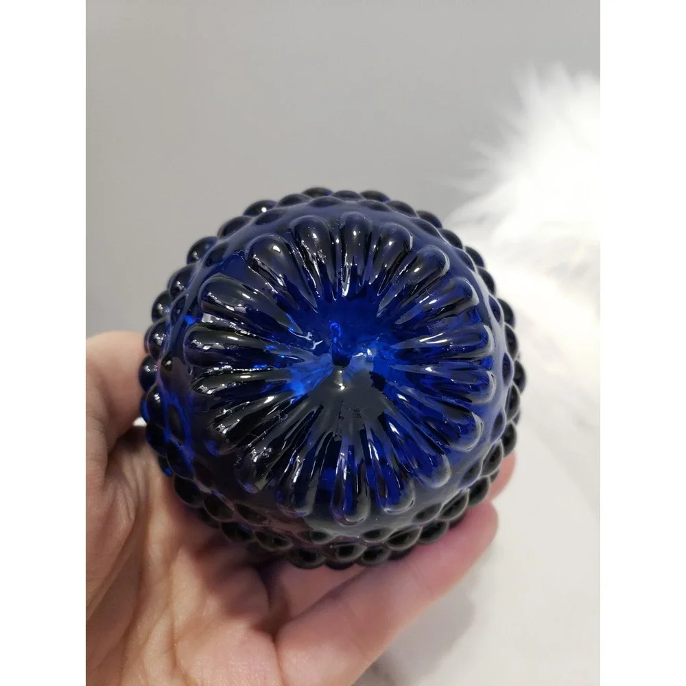 Viking Glass Cobalt Blue Berry Apple Green Stem Bumpy Hobnail Paperweight
